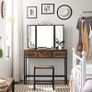 _Dressing Table, Makeup Desk with 1 Stool, Tri-Fold Mirror and 3 Drawers, Steel Frame, Industrial Design, Vintage Brown/Black Image 3