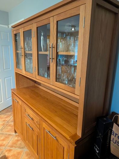 Complete Solid Oak Dining & Living Room Set Table & 6 Chairs, Dresser & Bookcase