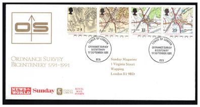 1991 Great Britain Bicentenary of Ordnance Survey 1791-1991 Sunday Magazine First Day Cover (FDC). Cover specially issued in conjunction with News of the World, Stanley Gibbons & Royal Mail