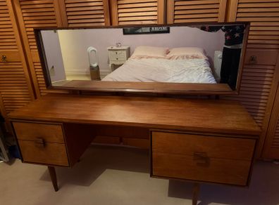 Mid-century modern teak tone dressing table with mirror