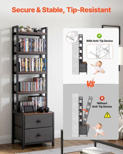 Media Storage Cabinet, 4-Shelf DVD Shelf Organizer with Drawers