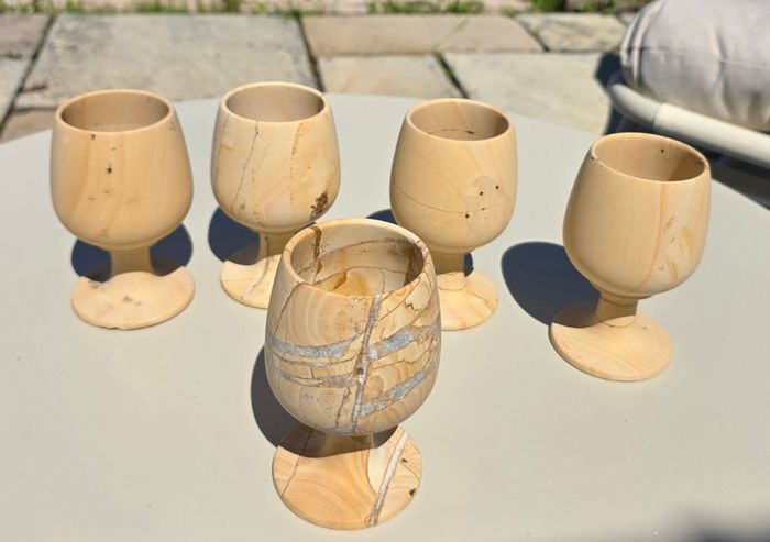 Vintage Teakwood Sandstone Goblets Set of 5 Hand-Carved Stone Wine Cups