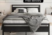 5ft King Bed Frame with Wooden Headboard,Heavy Duty Metal Platform Bed Frame King Bed Base No Box Spring Needed,Metal Slats Support Underbed Storage Space,Black,150x200cm