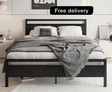 5ft King Bed Frame with Wooden Headboard,Heavy Duty Metal Platform Bed Frame King Bed Base No Box Spring Needed,Metal Slats Support Underbed Storage Space,Black,150x200cm
