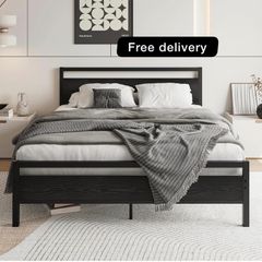 5ft King Bed Frame with Wooden Headboard,Heavy Duty Metal Platform Bed Frame King Bed Base No Box Spring Needed,Metal Slats Support Underbed Storage Space,Black,150x200cm