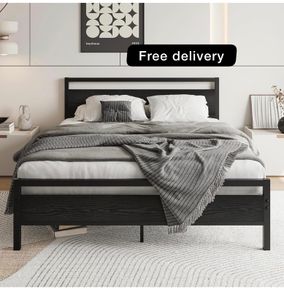 5ft King Bed Frame with Wooden Headboard,Heavy Duty Metal Platform Bed Frame King Bed Base No Box Spring Needed,Metal Slats Support Underbed Storage Space,Black,150x200cm