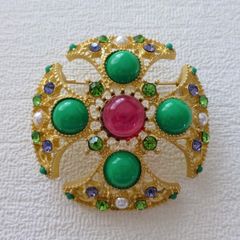 Vintage Style Maltese Cross Pearl Crystal Gold Brooch