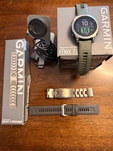 Garmin Fenix 7 with extra straps and charging mount