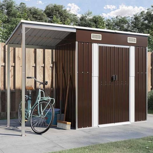 Garden Shed, Outdoor Storage Shed with Extended Roof, Tool Shed for Lawn Garage Yard, Metal Garden Storage Unit, Brown Steel