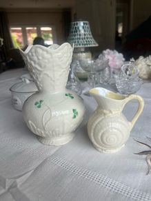 Vintage Beleek shamrock porcelain vase and Beleek shell milk jug