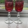 Pair of cranberry glass gold etched antique wine glasses Image 2
