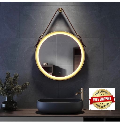 Round Bathroom Mirror with Lights Gold Frame Leather Strap Illuminated Bathroom LED Mirror