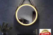 Round Bathroom Mirror with Lights Gold Frame Leather Strap Illuminated Bathroom LED Mirror