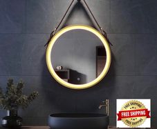 Round Bathroom Mirror with Lights Gold Frame Leather Strap Illuminated Bathroom LED Mirror
