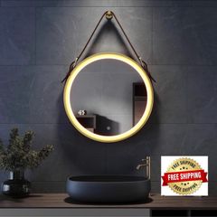 Round Bathroom Mirror with Lights Gold Frame Leather Strap Illuminated Bathroom LED Mirror