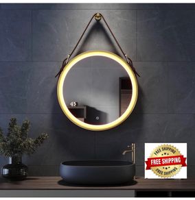 Round Bathroom Mirror with Lights Gold Frame Leather Strap Illuminated Bathroom LED Mirror