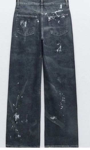 Fab Zara Blue Limited Edition Mid Rise Paint Splatter Washed Baggy Jeans  Size 42 UK 14