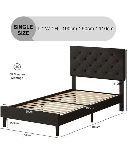 Single Bed Frame, 90 x 190 cm, with Adjustable Upholstered Headboard, Heavy Duty 256kg Weight Capacity, Easy Assembly, No Box Spring Needed, Grey