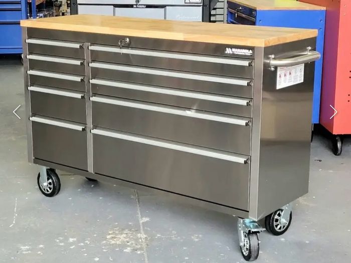 Brand New Manarola 10 drawer Stainless Steel Tool Chest With Solid Oak Wooden Work Top
