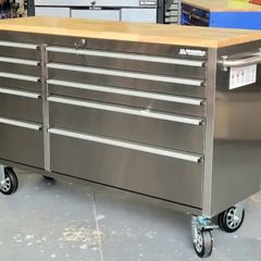 Brand New Manarola 10 drawer Stainless Steel Tool Chest With Solid Oak Wooden Work Top