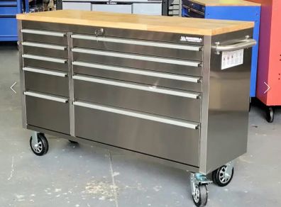 Brand New Manarola 10 drawer Stainless Steel Tool Chest With Solid Oak Wooden Work Top