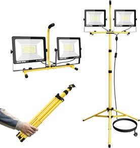 200W Tripod Stand LED Work Light, Twin 100W Floodlight, Flexible Portable Job Site Light, 20000LM 175V to 265V Outdoor Indoor worklight