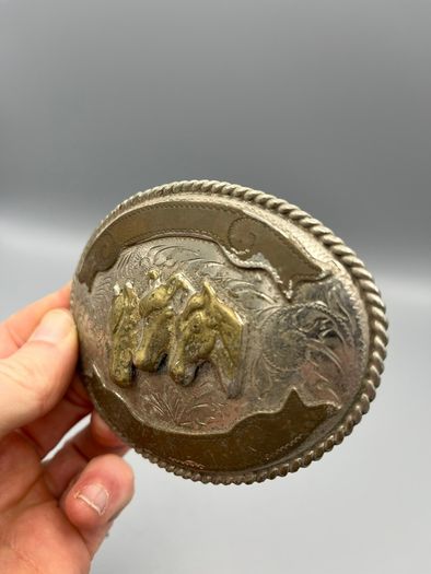 Vintage Alpaca Mexico Western Belt Buckle - Three Horse Heads, Floral Engravings