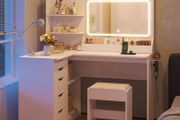 Dressing Table with Mirror, Corner Dressing Table with LED Lighting, Adjustable Brightness and Stool, Cosmetic Table with 5 Drawers, Socket, Hair Dryer Holder White