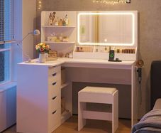 Dressing Table with Mirror, Corner Dressing Table with LED Lighting, Adjustable Brightness and Stool, Cosmetic Table with 5 Drawers, Socket, Hair Dryer Holder White