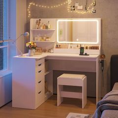 Dressing Table with Mirror, Corner Dressing Table with LED Lighting, Adjustable Brightness and Stool, Cosmetic Table with 5 Drawers, Socket, Hair Dryer Holder White