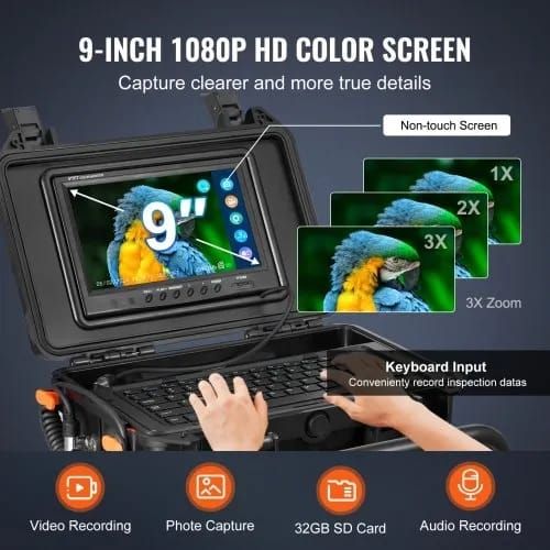 165 ft/50m, Self-Leveling Drain Camera with 512Hz Transmitter, Distance Counter, 9" Screen 1080P HD Snake Plumbing Camera