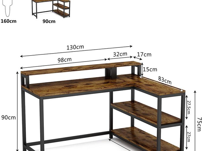 _Computer desk, L-shaped desk, home office, study desk with monitor stand and shelves, industrial corner desk