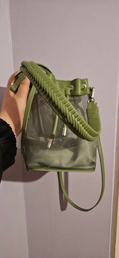 Charles & Keith Crossbody and Handheld Mesh Bucket Bag in Sage Green