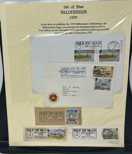 24 Beautifully written up Isle of Man display pages with lots of postcards and stamps. Maps, IOM TT and Manx cat noted