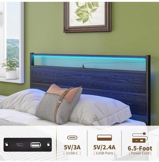 Double Bed Frame with Heaboard & LED lights,4ft6 Metal Wooden Bed Frame Double Bed with Charging Station,Mattress Base/Underbed Storage,Heavy Duty Strong Slats Support,Black Bed 135x190cm