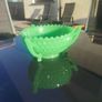 Vintage Art Deco Green Uranium Jadeite Glass 3 Handle Bowl Diamond Pattern UV Reactive Image 2