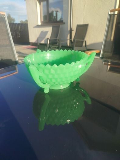 Vintage Art Deco Green Uranium Jadeite Glass 3 Handle Bowl Diamond Pattern UV Reactive