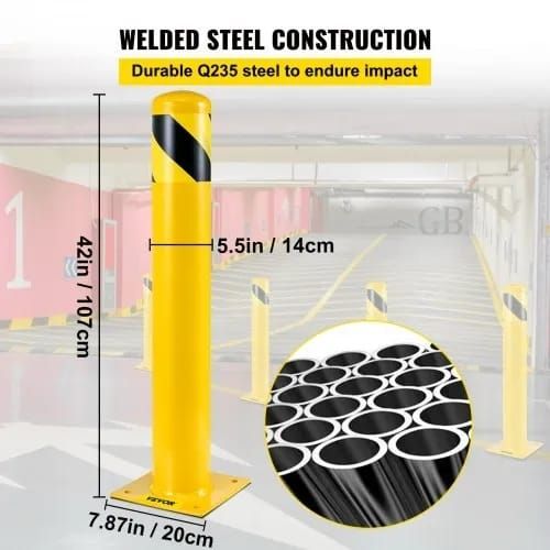 Safety Bollard, 42 Inch Height Bollard Post, 5.5 Inch Diameter Steel Pipe Safety Bollard Post, Yellow Steel Bollard, Steel Safety Bollard with 8 Anchor Bolts,