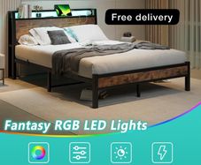 King Size Bed Frame with Charging Station and LED Lights