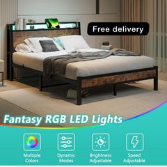 King Size Bed Frame with Charging Station and LED Lights