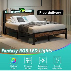 King Size Bed Frame with Charging Station and LED Lights
