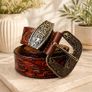 Luxury Handcrafted Genuine Leather Belt Vintage Floral Embossed Brown Leather Casual & Western Style Belt Image 3