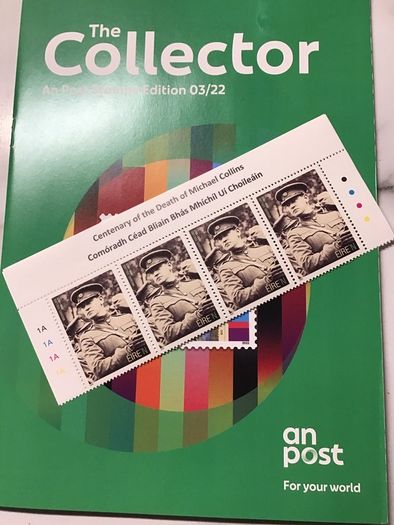Michael Collins 2022 Centenary Stamp, Strip of 4 with sheet header and An Post Collector Booklet 2022