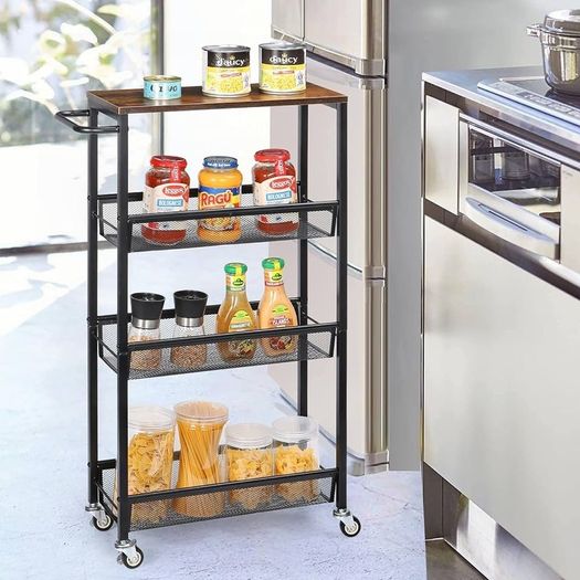 NEW SALE | 4-Tier Storage Trolley Cart, Kitchen Storage Wagon, Rolling Kitchen Shelving Unit on Wheels Mobile Slit Cart with Wooden Tabletop
