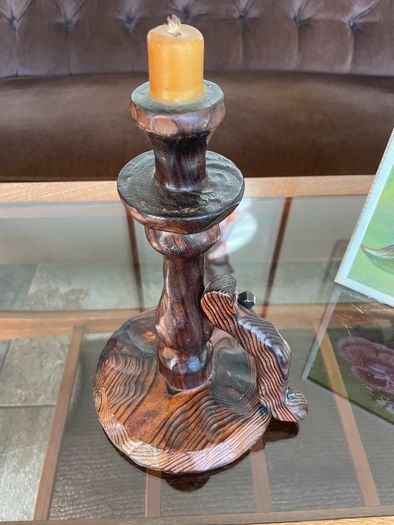 Primitive Candle Stick Antique Style Wood with Iron Tacks