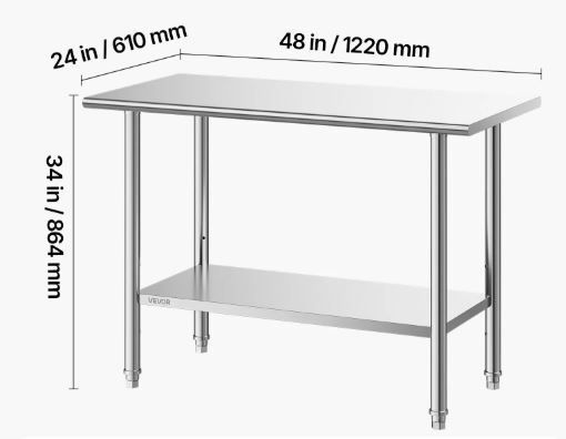Stainless Steel Food Prep Table Workstation with Adjustable Undershelf  6 x 122 cm