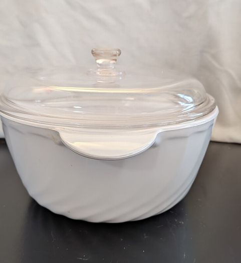 Vintage Arcopal France White Swirl Casserole Dish with Glass Lid