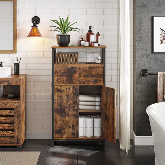 Bathroom cabinet, sideboard, storage cabinet, adjustable shelf, steel frame, for living room, kitchen, industrial style, vintage brown-black
