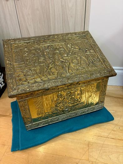 Vintage antique embossed brass fireside log box, coal box