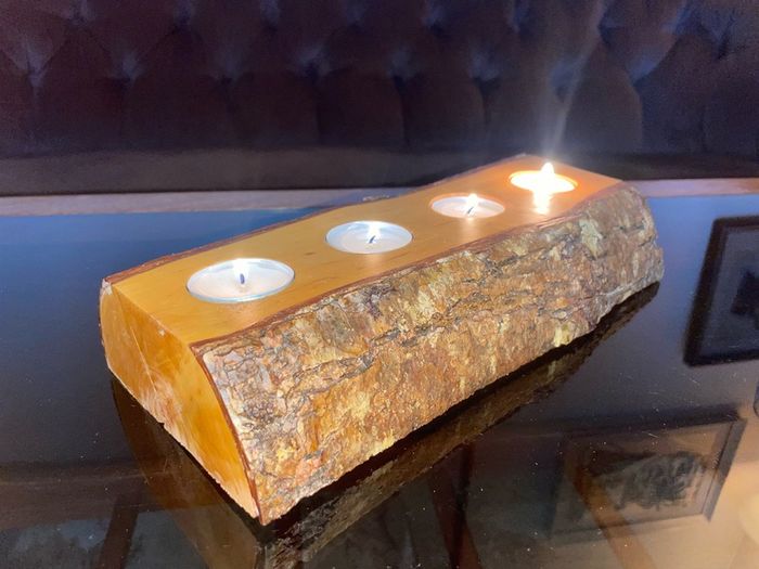 Stunning Rustic Live Edge Pine Wood Tea Light Holder Yule Log Waxed and Sealed